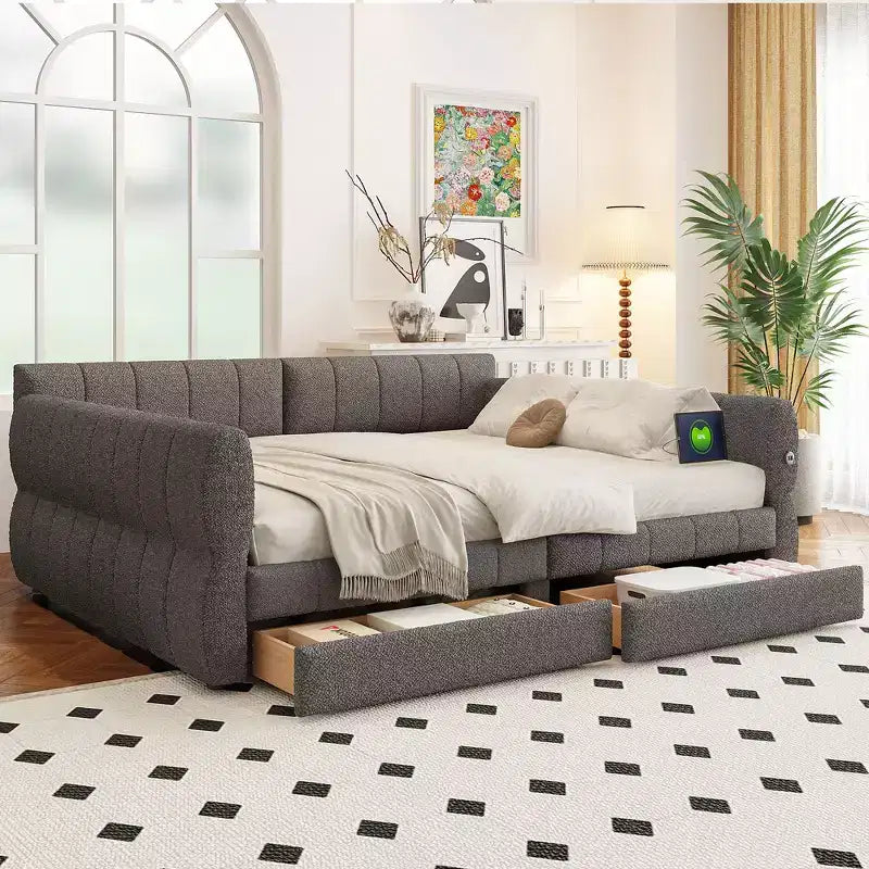 Letto a piattaforma Queen Size, Base letto imbottita con contenitore, Porte USB e 2 cassetti/letto estraibile - ModernLuxe