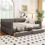 Letto a piattaforma Queen Size, Base letto imbottita con contenitore, Porte USB e 2 cassetti/letto estraibile - ModernLuxe