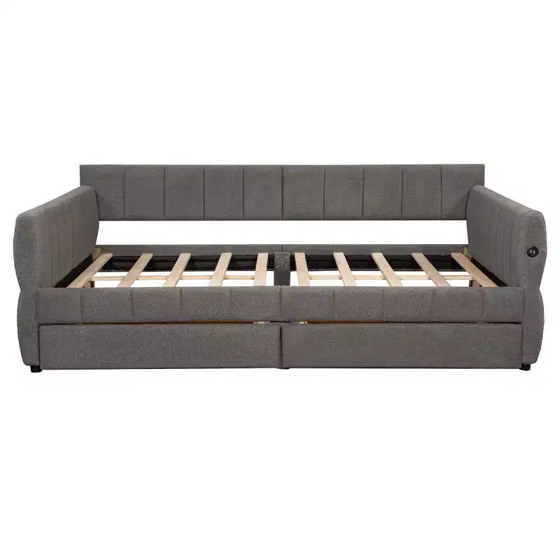 Letto a piattaforma Queen Size, Base letto imbottita con contenitore, Porte USB e 2 cassetti/letto estraibile - ModernLuxe