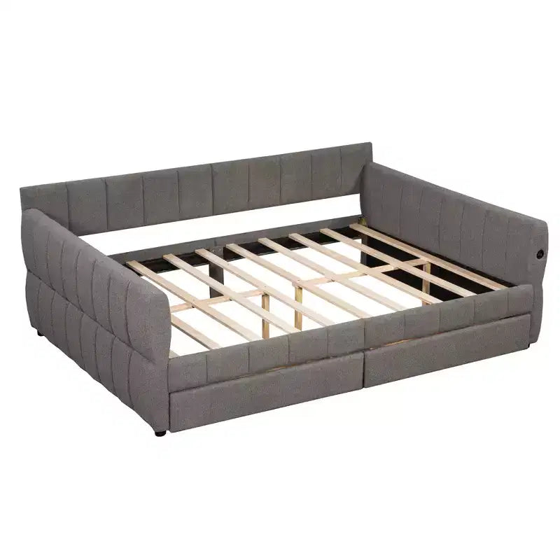 Letto a piattaforma Queen Size, Base letto imbottita con contenitore, Porte USB e 2 cassetti/letto estraibile - ModernLuxe