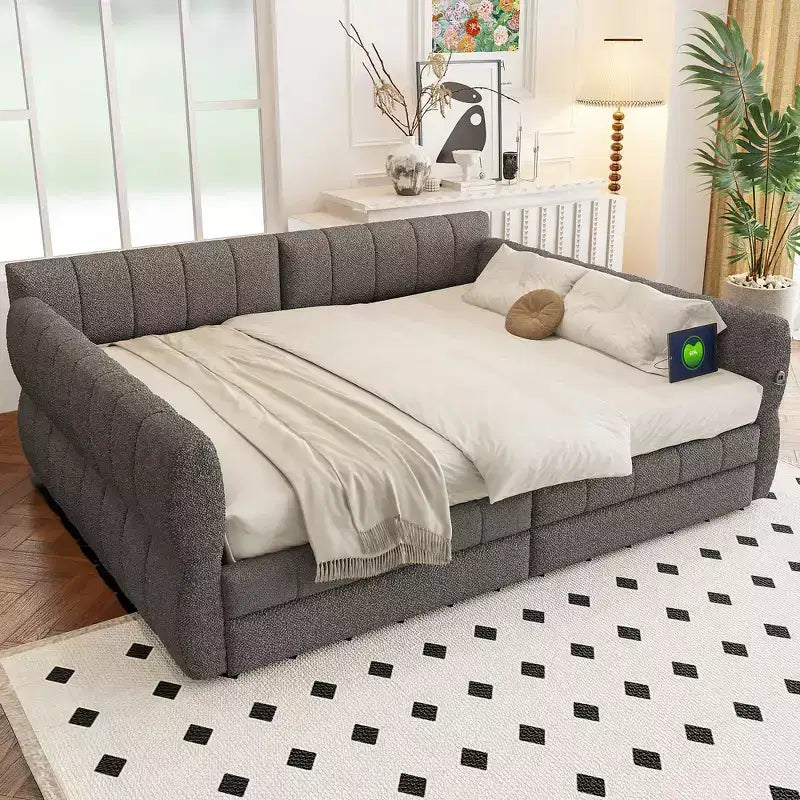 Queen Size Platform Bed, Upholstered Storage Bed Frame with USB Ports and 2 Drawers/Trundle - ModernLuxe