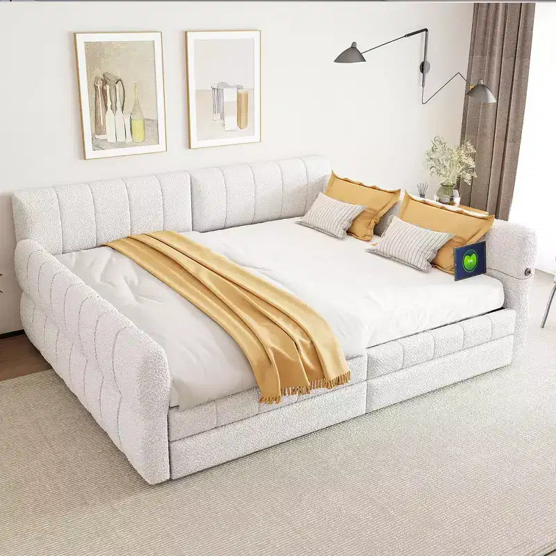 Letto a piattaforma Queen Size, Base letto imbottita con contenitore, Porte USB e 2 cassetti/letto estraibile - ModernLuxe
