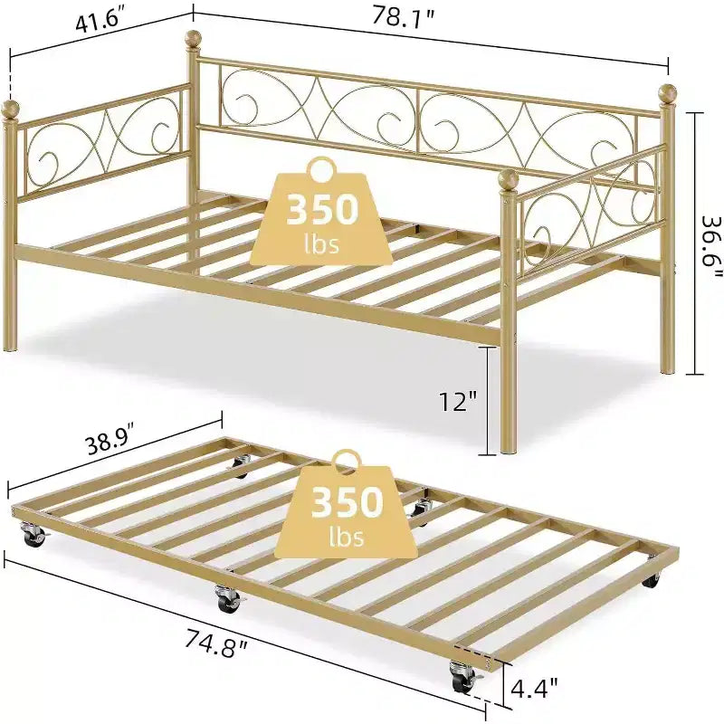 Struttura letto a una piazza con letto estraibile, testiera floreale e doghe in acciaio resistente, ideale per soggiorni e camere per gli ospiti, oro