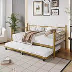 Struttura letto a una piazza con letto estraibile, testiera floreale e doghe in acciaio resistente, ideale per soggiorni e camere per gli ospiti, oro