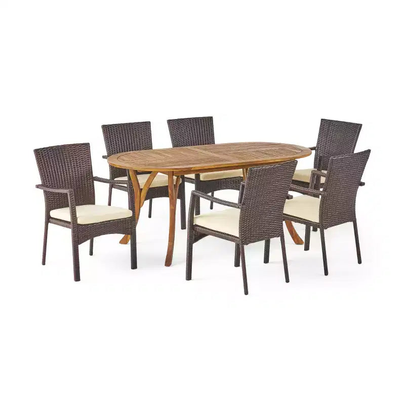 Christopher Knight Home Klondike Set da Pranzo da Esterno 7 Pezzi in Legno di Acacia e Vimini con Cuscini