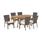 Christopher Knight Home Klondike Set da Pranzo da Esterno 7 Pezzi in Legno di Acacia e Vimini con Cuscini