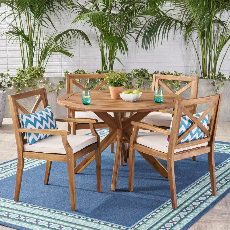 Christopher Knight Home Llano set da pranzo da esterno a 5 pezzi in legno di acacia con cuscini resistenti all'acqua