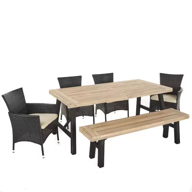 Set da pranzo da 6 pezzi GDFStudio Bruna in vimini e legno di acacia con panca, grigio spazzolato/marrone multicolor