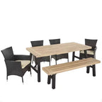 Set da pranzo da 6 pezzi GDFStudio Bruna in vimini e legno di acacia con panca, grigio spazzolato/marrone multicolor