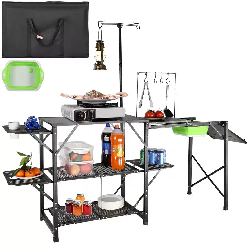 VEVOR Camping Kitchen Table, One-piece Folding Portable Cook Station with A Carrying Bag, Long Aluminum Camping Table 3 Side Tables, 2 Shelves