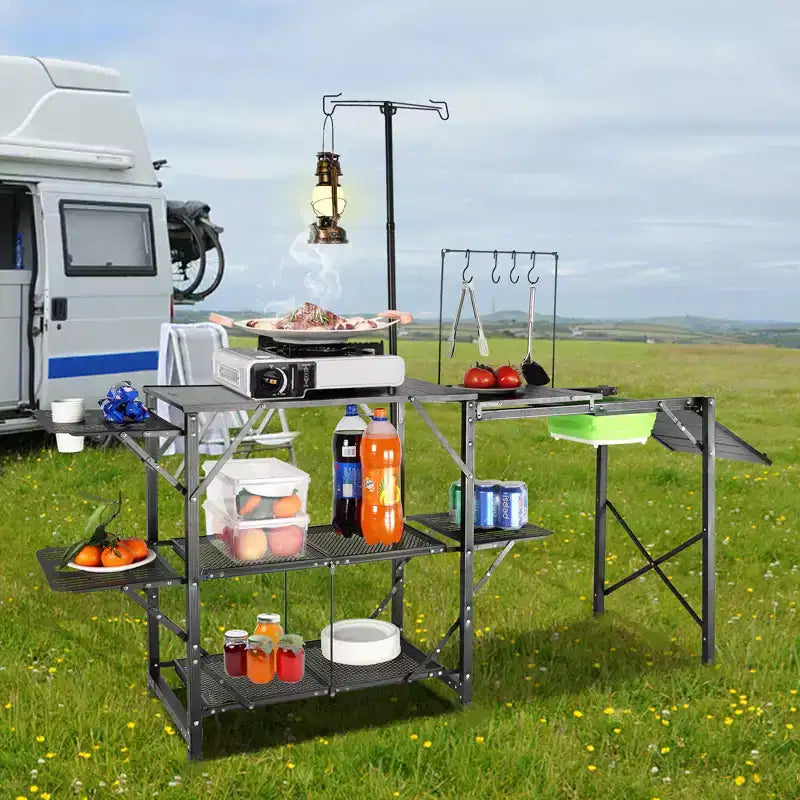 Tavolo da Cucina da Campeggio VEVOR, Stazione di Cottura Pieghevole Portatile Monoblocco con Borsa per il Trasporto, Tavolo da Campeggio Lungo in Alluminio con 3 Tavolini Laterali, 2 Ripiani