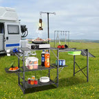 Tavolo da Cucina da Campeggio VEVOR, Stazione di Cottura Pieghevole Portatile Monoblocco con Borsa per il Trasporto, Tavolo da Campeggio Lungo in Alluminio con 3 Tavolini Laterali, 2 Ripiani