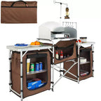 VEVOR Camping Kitchen Table, Folding Outdoor Cooking Table with Storage Carrying Bag, Aluminum Cook Station 3 Cupboard & Detachable Windscreen