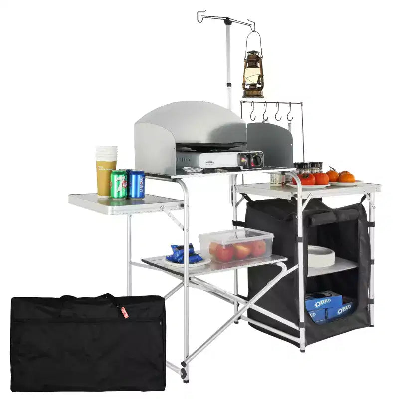 VEVOR Camping Kitchen Table, Folding Outdoor Cooking Table with Storage Carrying Bag, Aluminum Cook Station 1 Cupboard & Detachable Windscreen