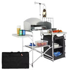 VEVOR Camping Kitchen Table, Folding Outdoor Cooking Table with Storage Carrying Bag, Aluminum Cook Station 1 Cupboard & Detachable Windscreen