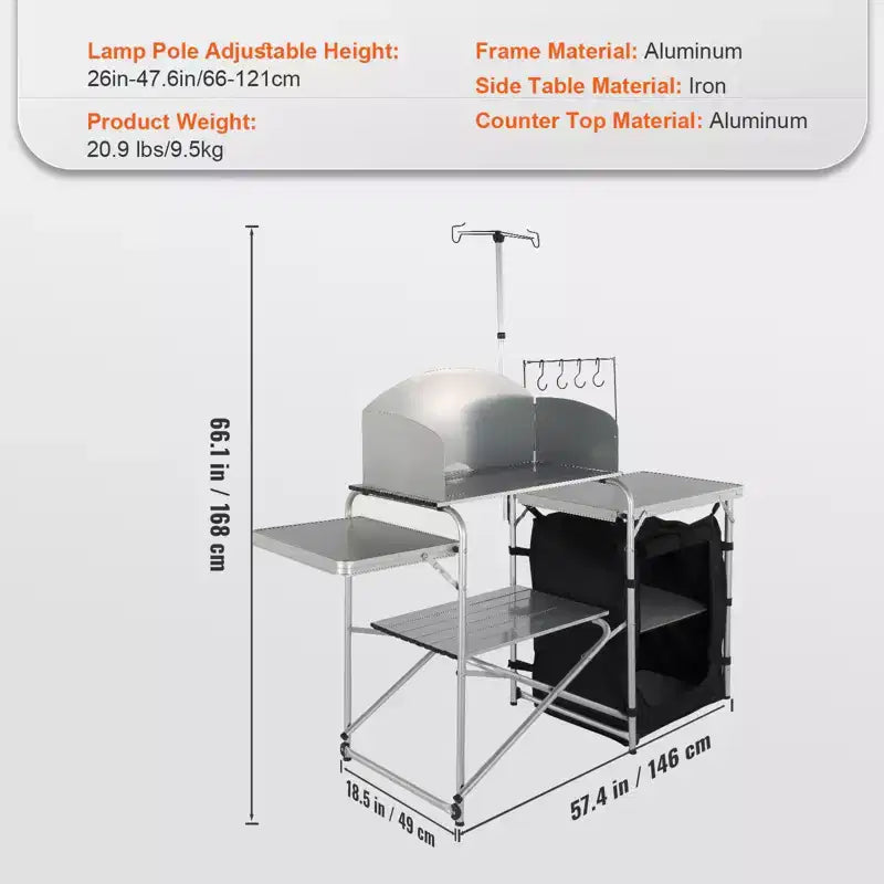 Tavolo da cucina da campeggio VEVOR, tavolo da cucina pieghevole da esterno con borsa per il trasporto, stazione di cottura in alluminio 1 armadietto e parabrezza rimovibile