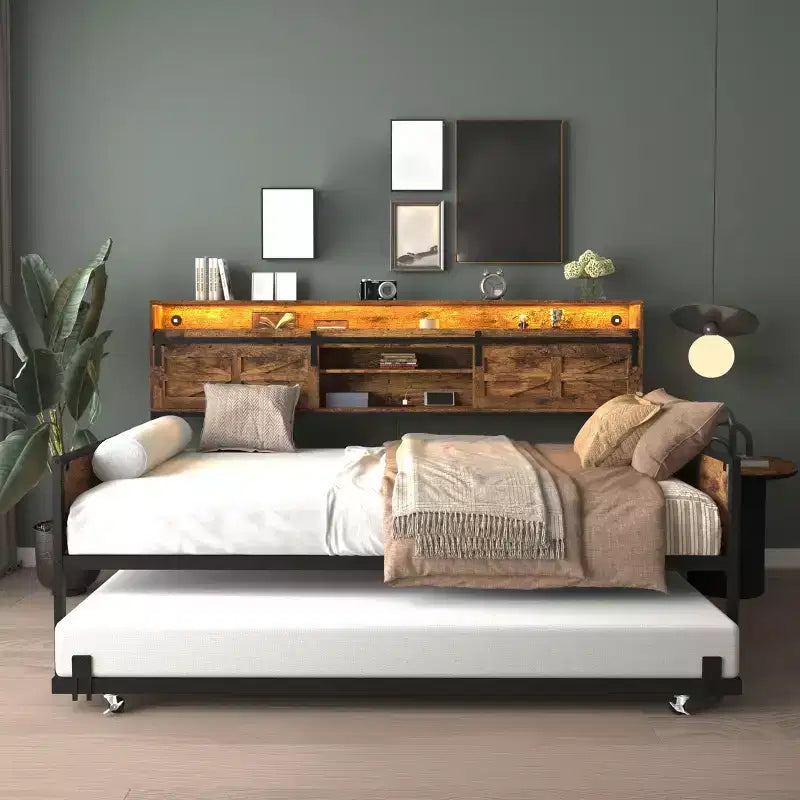 Letto a Giorno Singolo con Letto Estraibile, Struttura Letto a Giorno con Testiera Contenitore, Divano Letto a Piattaforma Robusto, Letto a Giorno Salvaspazio per Soggiorno Camera da Letto