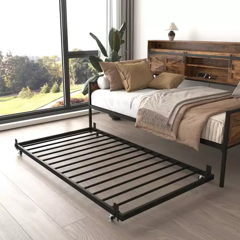 Letto a Giorno Singolo con Letto Estraibile, Struttura Letto a Giorno con Testiera Contenitore, Divano Letto a Piattaforma Robusto, Letto a Giorno Salvaspazio per Soggiorno Camera da Letto