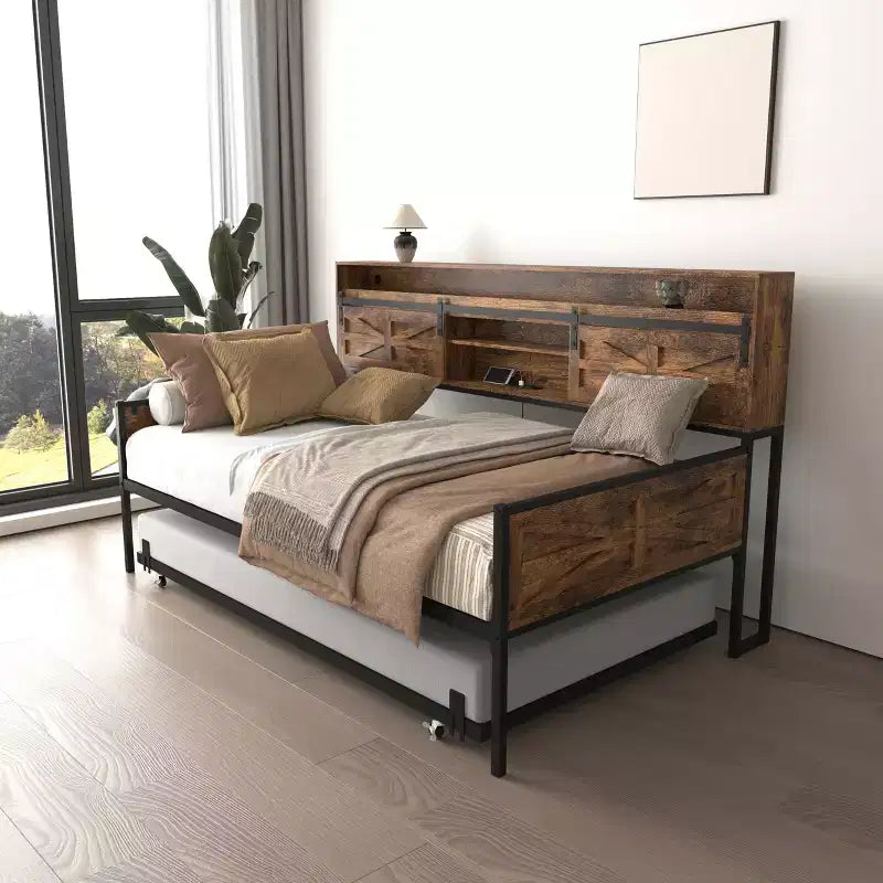 Letto a Giorno Singolo con Letto Estraibile, Struttura Letto a Giorno con Testiera Contenitore, Divano Letto a Piattaforma Robusto, Letto a Giorno Salvaspazio per Soggiorno Camera da Letto