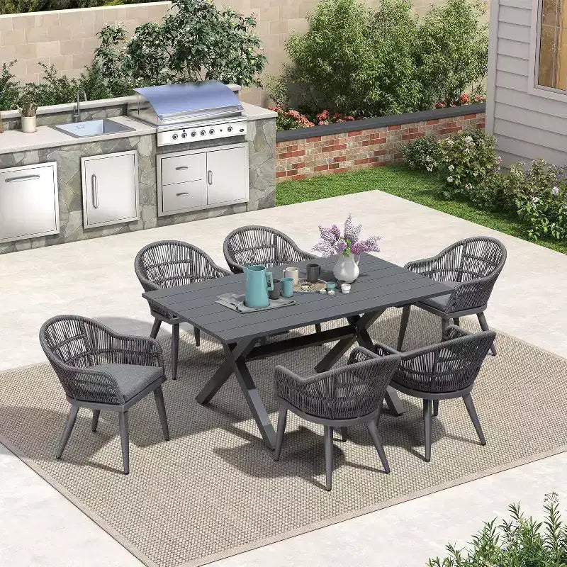Set da pranzo da esterni PURPLE LEAF con tavolo in alluminio e sedie in rattan intrecciato, set di mobili moderni per giardino, cortile e interni