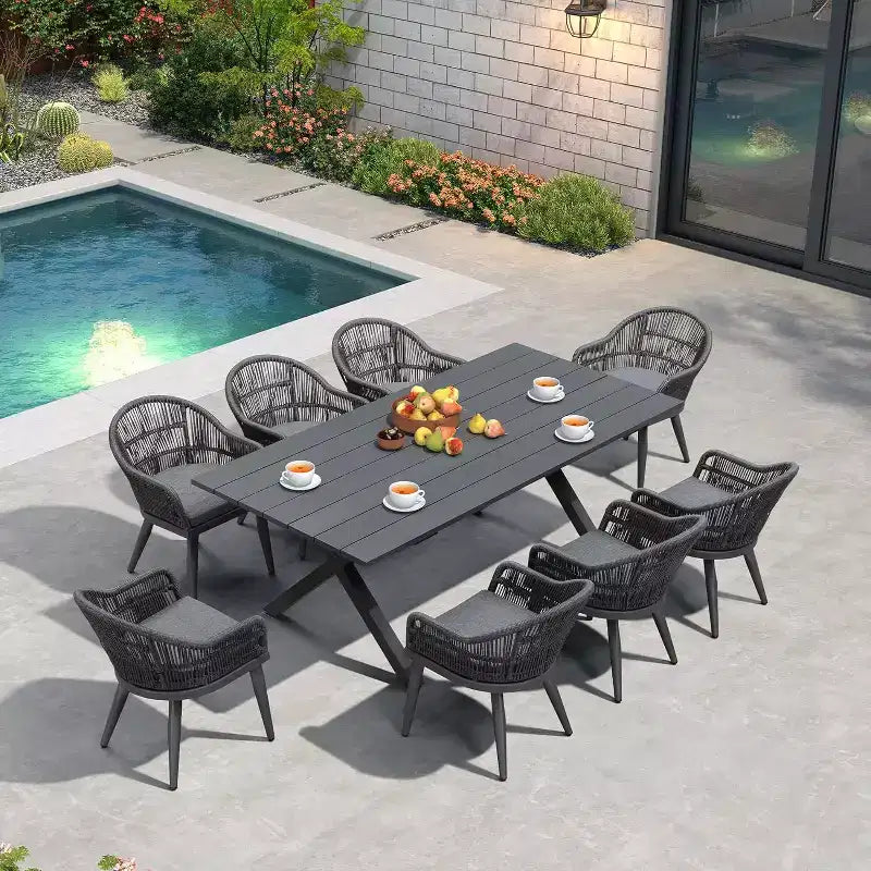 Set da pranzo da esterni PURPLE LEAF con tavolo in alluminio e sedie in rattan intrecciato, set di mobili moderni per giardino, cortile e interni