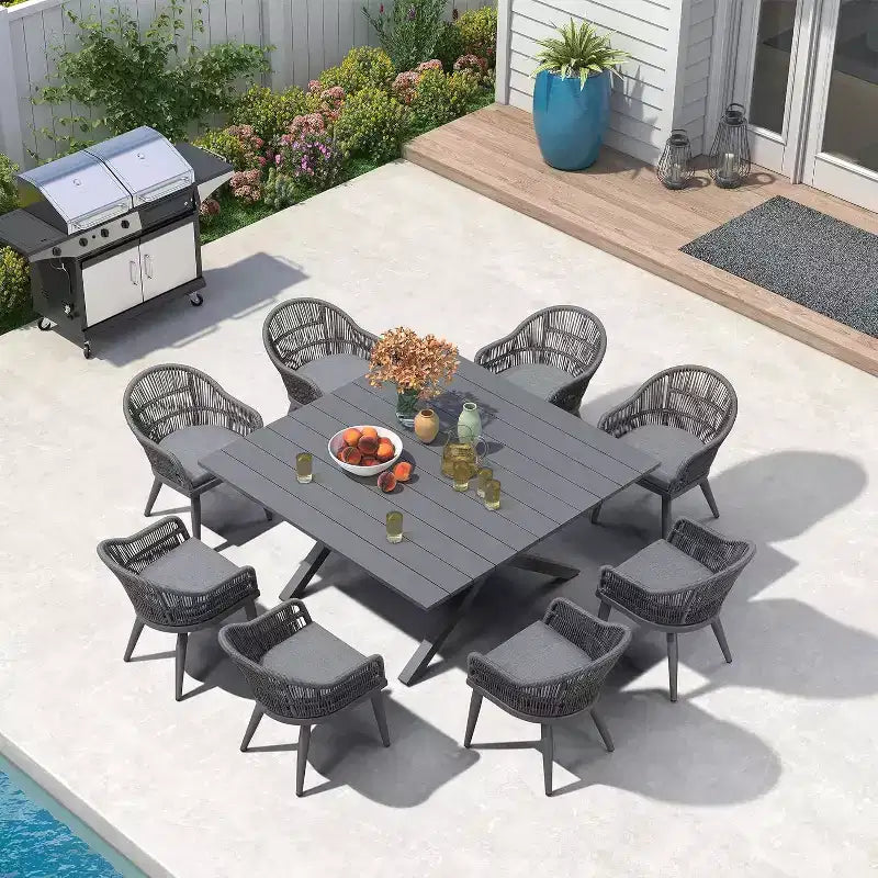 Set da pranzo da esterni PURPLE LEAF con tavolo in alluminio e sedie in rattan intrecciato, set di mobili moderni per giardino, cortile e interni