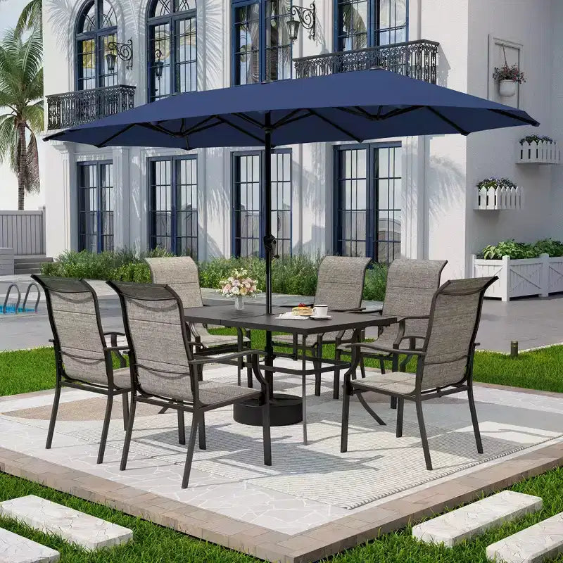 Captiva Designs Set da 8 Tavolo Rettangolare in Acciaio, Sedie con Braccioli Imbottite e Ombrellone da Esterno