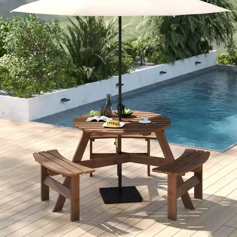 Tavolo da Picnic Rotondo per 6 Persone Costway con 3 Panche Integrate e 2 Fori per Ombrellone, Marrone/Giallo