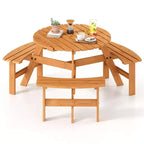 Tavolo da Picnic Rotondo per 6 Persone Costway con 3 Panche Integrate e 2 Fori per Ombrellone, Marrone/Giallo