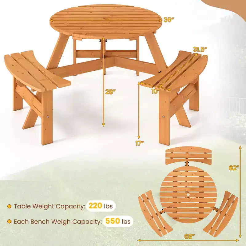 Tavolo da Picnic Rotondo per 6 Persone Costway con 3 Panche Integrate e 2 Fori per Ombrellone, Marrone/Giallo