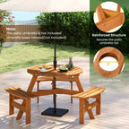 Tavolo da Picnic Rotondo per 6 Persone Costway con 3 Panche Integrate e 2 Fori per Ombrellone, Marrone/Giallo