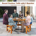 Tavolo da Picnic Rotondo per 6 Persone Costway con 3 Panche Integrate e 2 Fori per Ombrellone, Marrone/Giallo