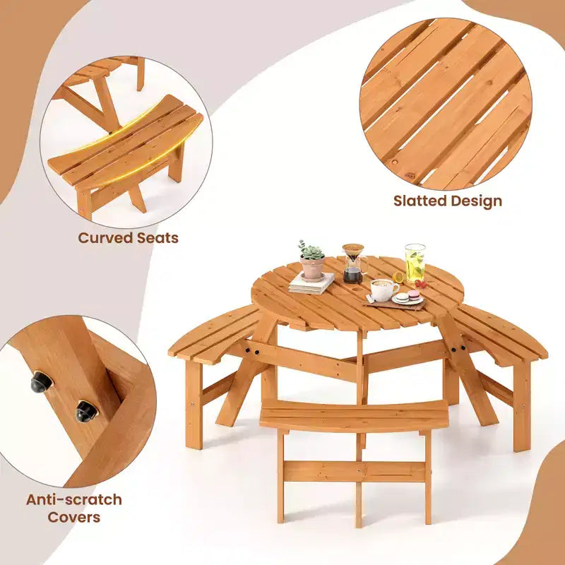 Tavolo da Picnic Rotondo per 6 Persone Costway con 3 Panche Integrate e 2 Fori per Ombrellone, Marrone/Giallo