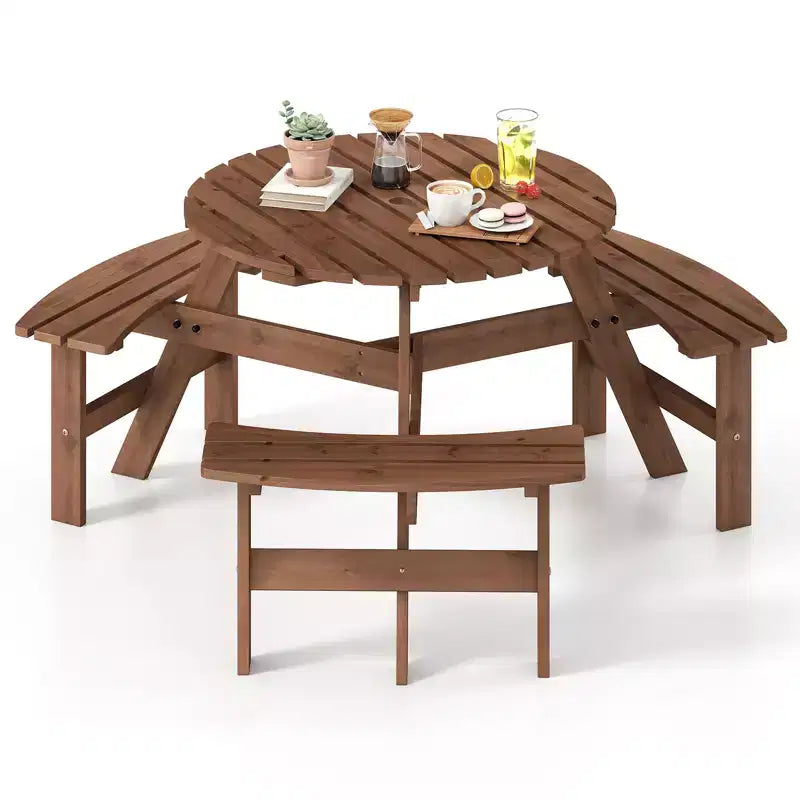 Tavolo da Picnic Rotondo per 6 Persone Costway con 3 Panche Integrate e 2 Fori per Ombrellone, Marrone/Giallo