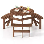 Tavolo da Picnic Rotondo per 6 Persone Costway con 3 Panche Integrate e 2 Fori per Ombrellone, Marrone/Giallo