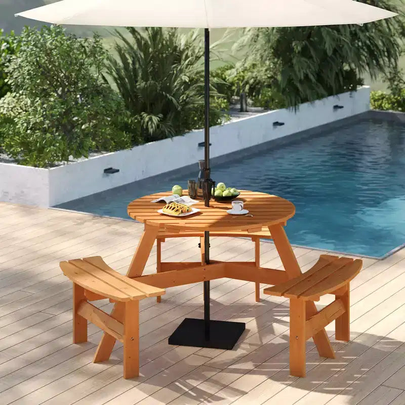 Tavolo da Picnic Rotondo per 6 Persone Costway con 3 Panche Integrate e 2 Fori per Ombrellone, Marrone/Giallo