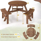 Tavolo da Picnic Rotondo per 6 Persone Costway con 3 Panche Integrate e 2 Fori per Ombrellone, Marrone/Giallo
