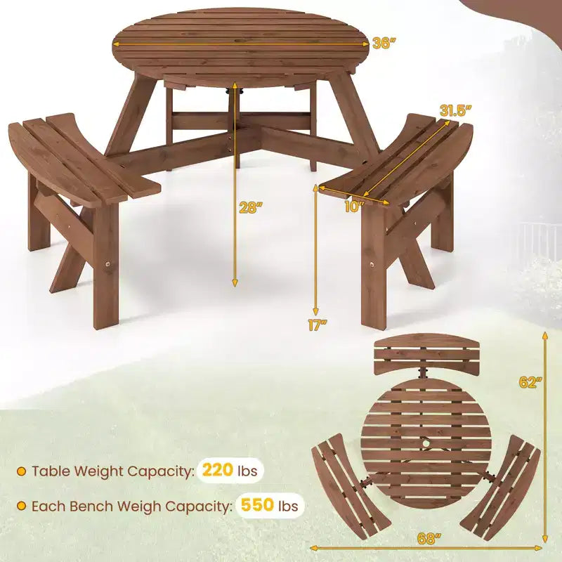 Tavolo da Picnic Rotondo per 6 Persone Costway con 3 Panche Integrate e 2 Fori per Ombrellone, Marrone/Giallo