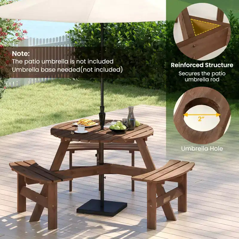 Tavolo da Picnic Rotondo per 6 Persone Costway con 3 Panche Integrate e 2 Fori per Ombrellone, Marrone/Giallo