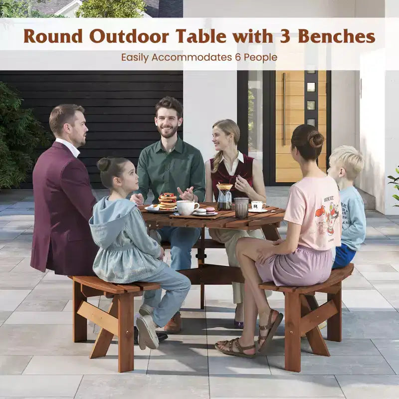 Tavolo da Picnic Rotondo per 6 Persone Costway con 3 Panche Integrate e 2 Fori per Ombrellone, Marrone/Giallo