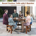 Tavolo da Picnic Rotondo per 6 Persone Costway con 3 Panche Integrate e 2 Fori per Ombrellone, Marrone/Giallo