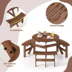 Tavolo da Picnic Rotondo per 6 Persone Costway con 3 Panche Integrate e 2 Fori per Ombrellone, Marrone/Giallo