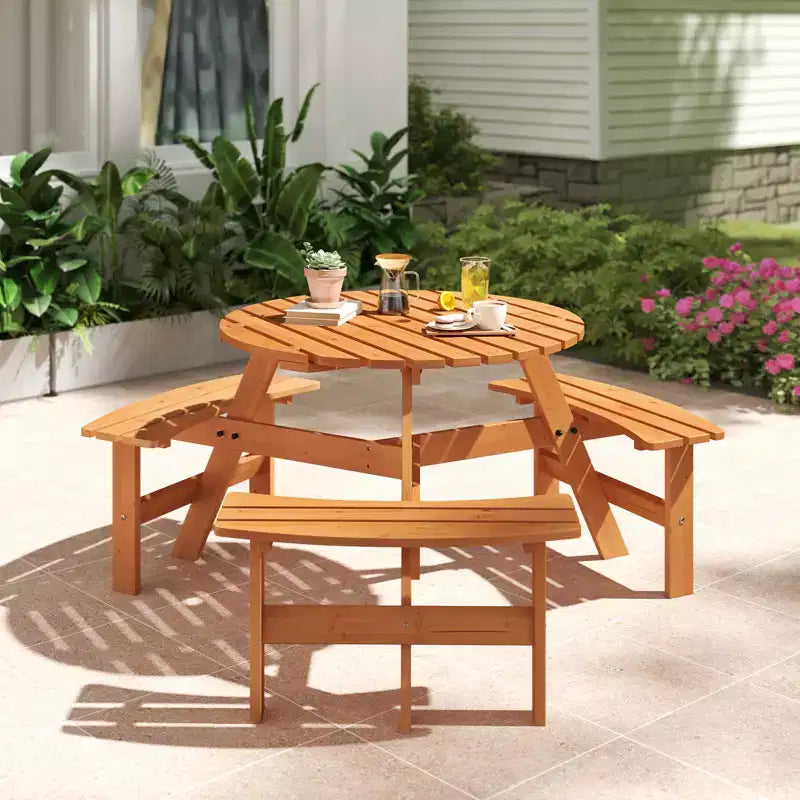 Tavolo da Picnic Rotondo per 6 Persone Costway con 3 Panche Integrate e 2 Fori per Ombrellone, Marrone/Giallo