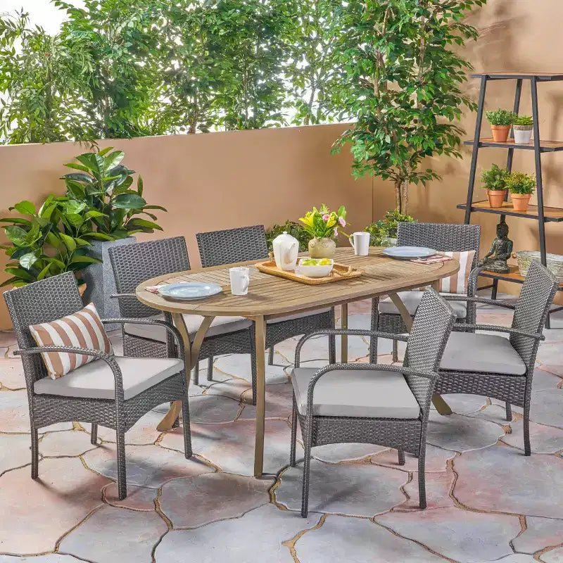 Set da pranzo Christopher Knight Home Mason da 7 pezzi in legno di acacia e vimini da esterno con cuscini