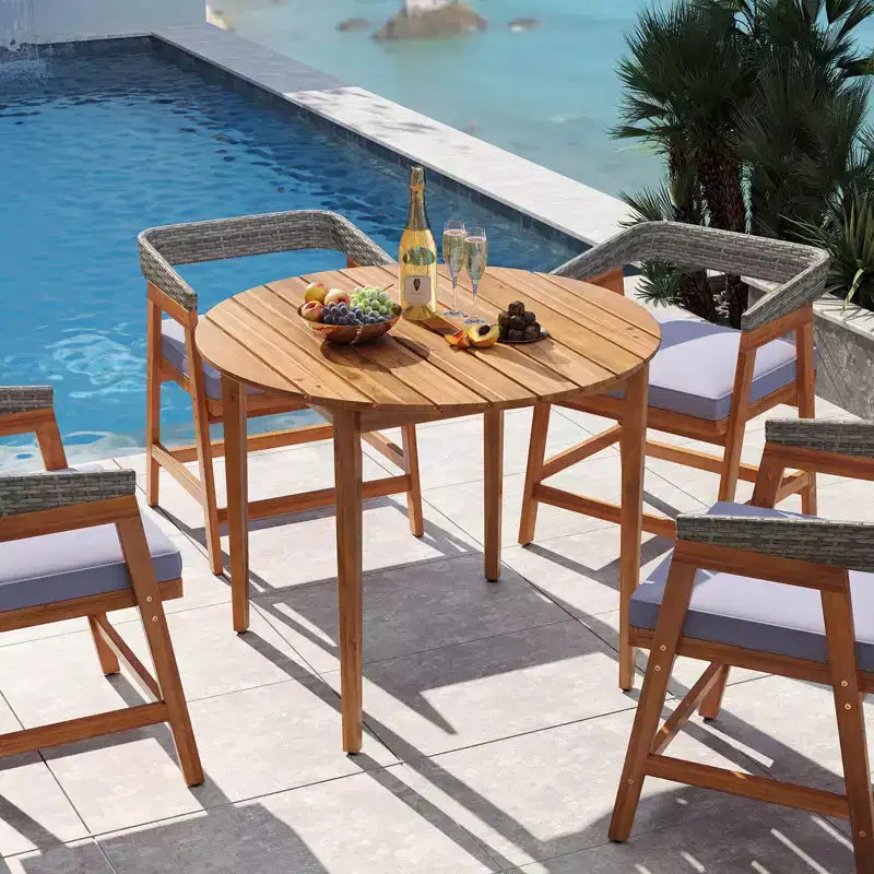 Tavolo da pranzo rotondo da esterno Costway per 4 persone, tavolo da patio in legno di acacia da 91 cm per giardino