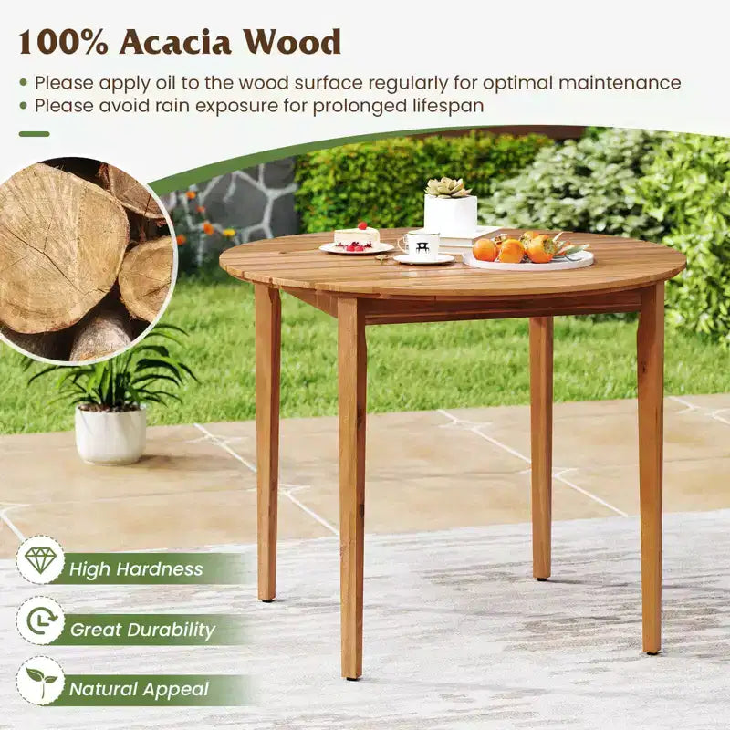 Tavolo da pranzo rotondo da esterno Costway per 4 persone, tavolo da patio in legno di acacia da 91 cm per giardino