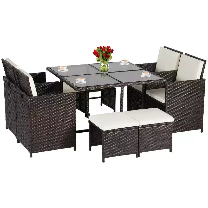 Set da pranzo da esterno FDW, salvaspazio, 9 pezzi, con tavolo con ripiano in vetro