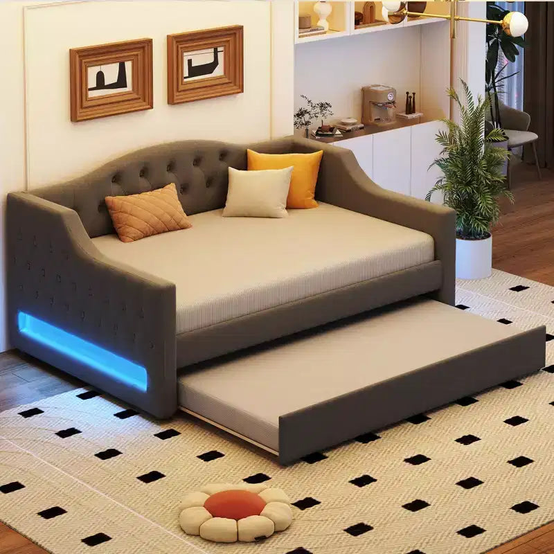 Letto a una piazza e mezza/una piazza in tessuto imbottito con striscia LED e 2 cassetti portaoggetti/secondo letto estraibile, struttura letto moderna in lino, beige/grigio - ModernLuxe