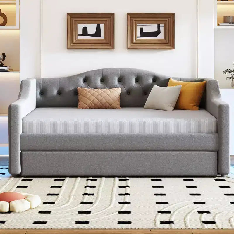 Letto a una piazza e mezza/una piazza in tessuto imbottito con striscia LED e 2 cassetti portaoggetti/secondo letto estraibile, struttura letto moderna in lino, beige/grigio - ModernLuxe