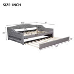 Letto a una piazza e mezza/una piazza in tessuto imbottito con striscia LED e 2 cassetti portaoggetti/secondo letto estraibile, struttura letto moderna in lino, beige/grigio - ModernLuxe
